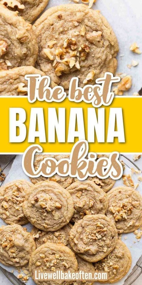 These banana cookies from Live Well Bake Often taste like your favorite banana bread, but in cookie form! Feel free to omit the nuts or swap in chocolate chips for a completely delicous snack! Don't wait! Make these banana cookies today! They really are delicious! Live Well Bake Often, Banana Cookie Recipe, Banana Bread Cookies, Banana Dessert Recipes, Banana Cookies, Walnut Cookies, Banana Dessert, Cookie Bar Recipes, Best Cookie Recipes