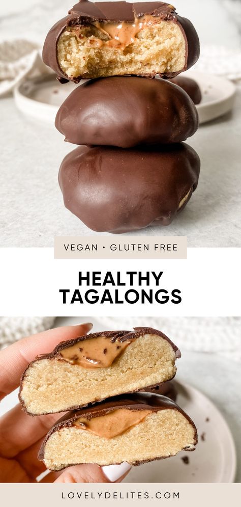 These vegan gluten free tagalongs are a favorite of mine. This girl scout cookie recipe is made with healthy ingredients like almond flour, natural peanut butter and no sugar added dark chocolate. Enjoy these homemade tagalongs all year long! Ella Vegan, Dessert Original, Vegan Baking Recipes, Healthy Sweet Treats, Gf Desserts, Vegan And Gluten Free, Healthy Sweets Recipes, Natural Peanut Butter, Vegan Dessert Recipes