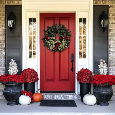 fall_front_door_decor_red_door (12) Red Front Door With Black Trim, Red Door Fall Decor, Gray House With Red Door, 2025 Front Door Colors, Red Door Christmas Decor, White House Black Front Door, Front Door With Red Brick House, Red Door Aesthetic, Red Front Door Colors