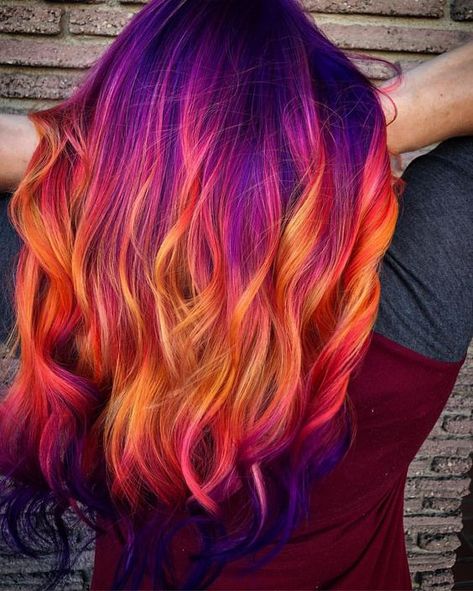 33+ Drop-Dead Beautiful Sunset Hair Styles that Will Turn Heads 3 Purple Halloween Hair, Red Purple And Blonde Hair, Sunset Hair Color Peek A Boo, Short Fun Colored Hair, Purple Sunset Hair, Fire Colored Hair, Bright Summer Hair Color, Fire Hair Color Short, Phoenix Hair Color