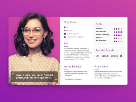 Woman User Persona - UX persona personas profile ui user users ux product purple green gradient ar Persona Ux, Persona Examples, Persona Template, Persona Design, Personas Design, Cv Original, Customer Persona, Empathy Maps, Buyer Persona