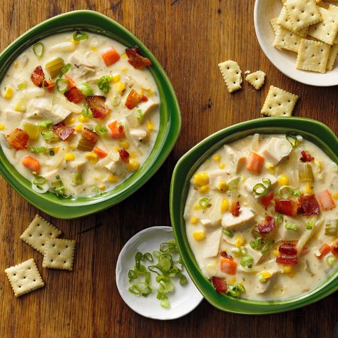 Turkey Corn Chowder Turkey Corn Chowder, Bacon Corn Chowder, Bacon Corn, Corn Chowder Recipe, Chowder Recipe, Cheeseburger Soup, Best Bacon, Thanksgiving Leftovers, Turkey Bacon