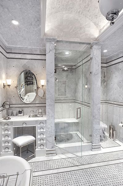 Carrara Basketweave Mosaic Marble Shower Tile, Basket Weave Tile, Bathroom Gallery, Marble Showers, Creative Bathroom, Bathroom Ceiling, Shower Surround, Shower Tile Designs, Glass Shower Doors