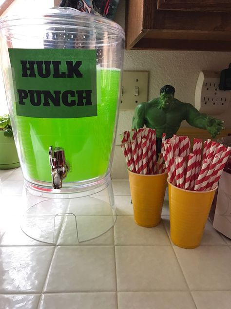 Hulk Party Activities, Superhero Birthday Party Food, Hulk Punch, Avengers Birthday Party Decorations, Hulk Birthday Parties, Hulk Party, Iron Man Shirt, Babysitting Activities, Marvel Birthday Party