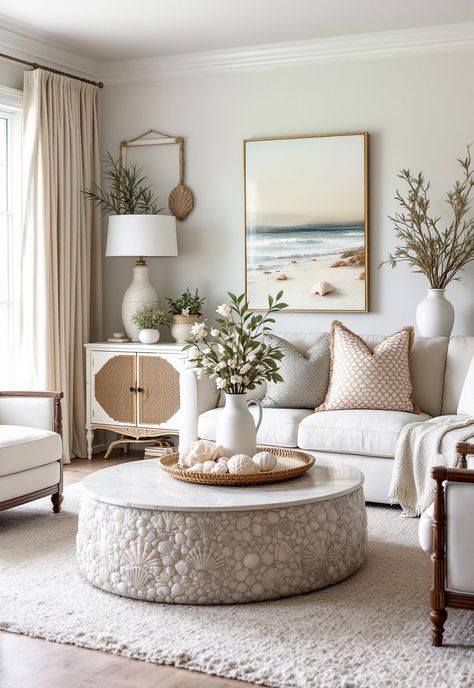 Coastal Living Room Beach Boho Apartment Decor, White And Rattan Living Room, Beachy Aesthetic Living Room, Coastal Boho Interior Beach Houses, Seashell Interior Design, Calm Coastal Living Room, Small Coastal Living Room Ideas, Coastal Mid Century Modern Living Room, Beachy Living Room Coastal Style