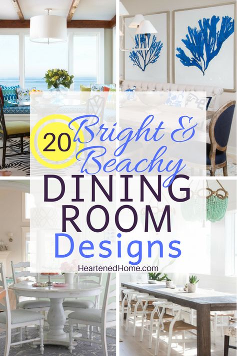 20 Bright & Beachy Dining Room Designs - Using natural elements inspired by the sea you can create a fun, joyful and bright space for entertaining and dining. | Heartenedhome.com #beachstyle #diningroom #breakfastnook #kitchendesign #beachhouse #Coastalkitchen #coastaldecor Beach Dining Room Ideas, Small Coastal Dining Room Ideas, Costal Dining Rooms, Beachy Dining Room Ideas, Beachy Dining Room, Coastal Dining Room Ideas, Coastal Dining Room Decor, Beach Dining Room, Coastal Dining Room