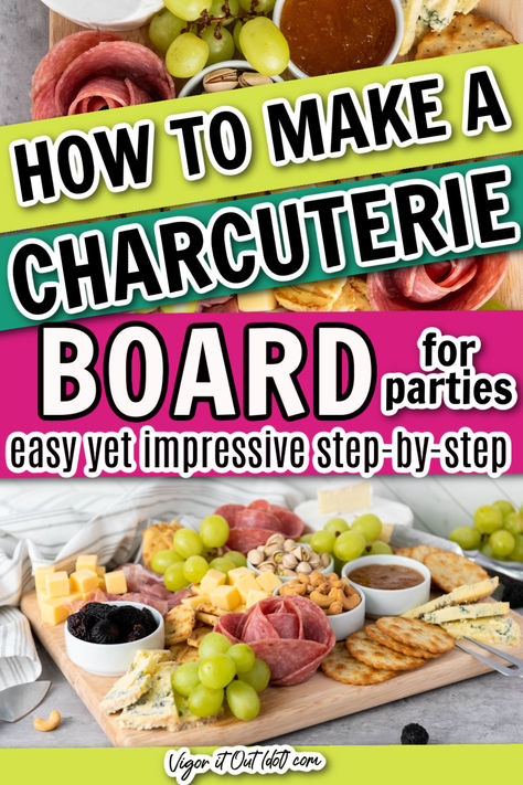 How to Make a Charcuterie Board: Simple Step by step directions for parties. Perfect for summer cookouts BBQs, or picnic appetizers, and great for holidays like Thanksgiving, Christmas, and Easter. Learn how to build a charcuterie board that is easy and impressive for beginners. Meats, cheeses, salami roses, nuts, fruits, and crackers make a great charcuterie board with a beautiful diy design that looks professional. How To Make An Easy Charcuterie Board, Relish Tray Charcuterie Board, How To Design A Charcuterie Board, How To Build Charcuterie Board, Building A Charcuterie Board, Easy Diy Charcuterie Board, Charcuterie Board How To, How To Assemble A Charcuterie Board, Charcuterie Items List