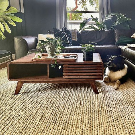 Mid Century Modern Coffee Table Styling, Coffee Tables Mid Century Modern, Small Coffee Table Aesthetic, Warm Coffee Table, 70s Style Coffee Table, Cool Wood Coffee Table, How To Style A Living Room Table, Wood Coffee Table Aesthetic, Mcm Living Room Coffee Tables