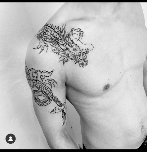 Mens Chinese Dragon Tattoo, Dragon Tattoo Around Arm Men, Dragon Shoulder Chest Tattoo, Back Tattoo Dragon For Men, Elbow Dragon Tattoo, Asian Wolf Tattoo, Man Dragon Tattoo, Dragon Tattoo Ideas Men, Dragon Tattoo Arm Shoulder