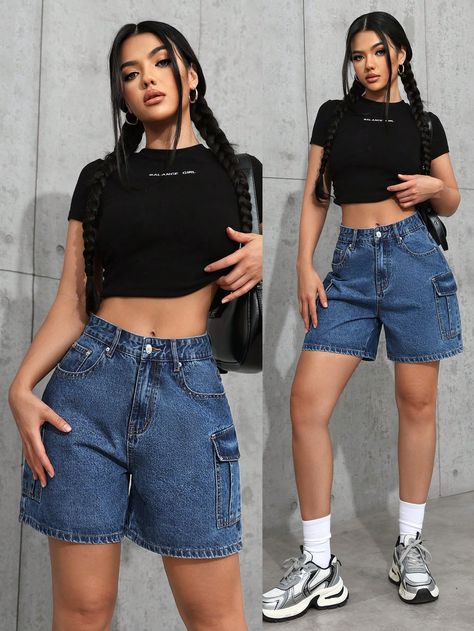 Women's Casual Denim Shorts Blue    Denim Plain Wide Leg Non-Stretch  Women Clothing, size features are:Bust: ,Length: ,Sleeve Length: Wide Leg Denim Shorts, Jorts Outfit Women’s, Cargo Shorts Outfits Women, Jorts Women, Cool Style Outfits, Adidas Samba Outfit, Women Denim Shorts, Jean Short Outfits, Samba Outfit