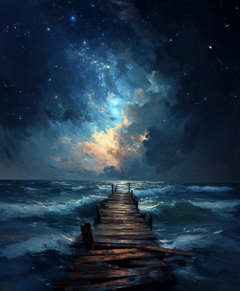 Fantasy Sky Painting, Sea Art Aesthetic, Art Ocean Painting, Pretty Sky Painting, Ocean Painting Aesthetic, Painting Aesthetic Blue, Blue Aesthetic Painting Ideas, Fantasy Art Ocean, Painting Ideas Sea