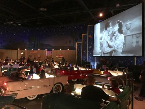 What it's like to dine at Disney World's unique indoor drive-in movie restaurant Dining At Disney World, Drive In Cinema, Dine In Theater, 50s Aesthetic, 60s Aesthetic, Cinema Design, Drive In Movie Theater, Cars Aesthetic, Cinema Art