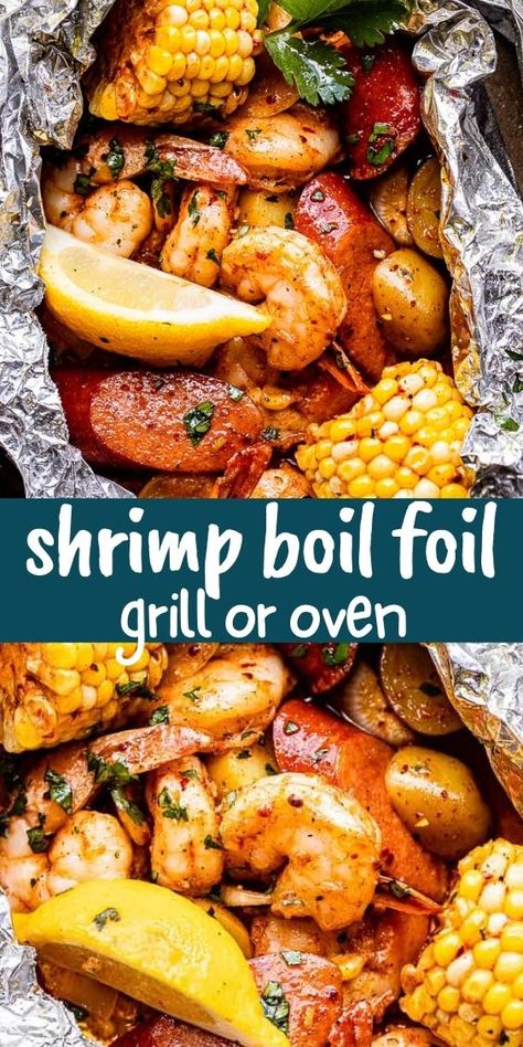 Shrimp Foil Packets Oven, Grilled Shrimp Boil, Shrimp Boil Foil Packets, Shrimp Boil Foil Packs, Shrimp Boil Foil, Shrimp Boil Recipe, Foil Packet Dinners, Foil Pack Meals, Foil Dinners