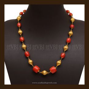 22K Gold Coral Mala Necklace, Gold Coral Bead Necklace, Traditional Gold Coral Necklace Designs. Coral Necklace Designs, Pearl And Coral Necklace, Coral Mala, Vummidi Bangaru Jewellers, Gold Mala, Red Coral Jewellery, Coral Jewelry Set, Coral Jewellery, Necklace Traditional