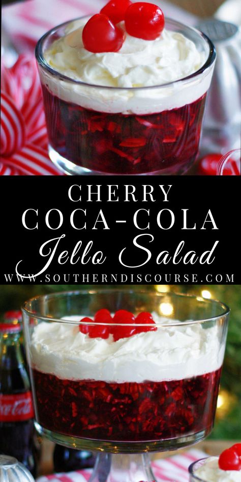 Cherry Coca-Cola Jello Salad - southern discourse Cherry Whip Salad, Coca Cola Jello Salad, Coca Cola Salad, Cherry Pineapple Jello Salad, Jello And Cream Cheese Recipes, Cherry Coke Salad Recipe, Fizzy Jello, Jello Deserts Ideas Easy Recipes, Cherry Coke Jello Salad