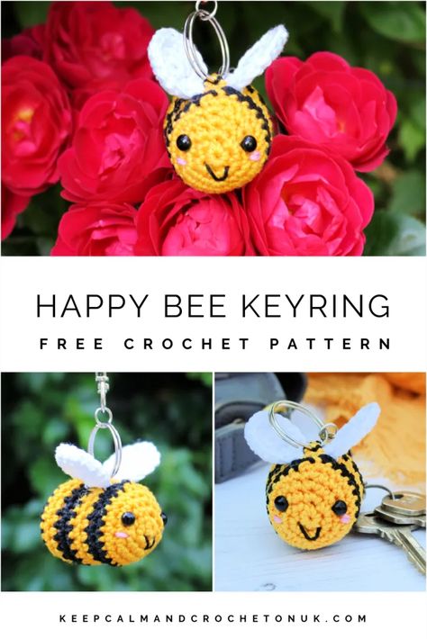 Free Pattern | Happy Bee Keyring | Keep Calm and Crochet On U.K Crochet Bee Keyring, Crocheted Keychain Patterns, Crochet Keyring Free Pattern, Crochet Keyring, Crochet Critters, Crochet Stuffies, Keychain Patterns, Crochet Keychains, Amigurumi Keychain