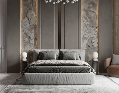 Modern Bedback Design, Bed Back Wall Design Modern Luxury, Modern Bedrooms Luxury, Modern Luxury Bedroom Design Grey, Bed Back Wall Design Master Bedrooms, Modern Master Bedrooms 2022, Masterbedroom Luxe, Luxury Bedroom Master Romantic Interior Design, Bedback Designs Modern