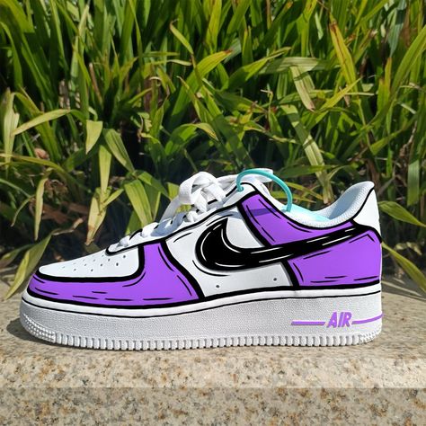 Paint Sneakers, Purple Cartoon, Cartoon Purple, Painted Nikes, Nike Air Force 1 Custom, Custom Shoes Diy, Painted Sneakers, Cartoon Shoes, Air Force 1 Custom