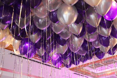 Purple & Silver Balloons over Dance Floor Purple & Silver Balloons on Ceiling with Shimmer Ribbon Party Decorations Purple, Purple Party Decorations, Purple Birthday Party, Quinceanera Planning, Anniversaire Diy, Purple Wedding Cakes, Silver Balloon, Purple Balloons, Purple Birthday