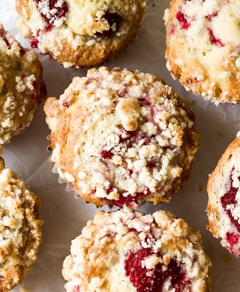 The yummiest one-bowl (ish) Easy Raspberry Muffins start with a moist sour cream muffin batter that is loaded with lemon and bursting with fresh raspberries (frozen raspberries can be used too!). Each muffin is topped with buttery, crispy streusel topping (perfection). Lots of tips on getting a nice, tall muffin top as well as an optional overnight batter rest so you can have fresh-baked muffins in the morning! Raspberry Sourdough Muffins, Raspberry Crumble Muffins, Strawberry Muffins With Crumb Topping, Raspberry Cream Cheese Muffins, Healthy Raspberry Muffins, Raspberry Streusel Muffins, Streusel Topping Recipe, Raspberry Muffin Recipes, Baked Muffins