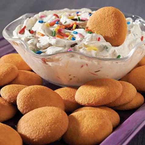 "Va-NILLA" Confetti Dip | Snackworks US Nilla Wafer Dip Recipes, Dip For Nilla Wafers, Dips With Nilla Wafers, Dip For Vanilla Wafers, Pumpkin Dip With Nilla Wafers, Funfetti Dip With Vanilla Pudding, Confetti Dip, Nilla Wafers, Easy Bbq