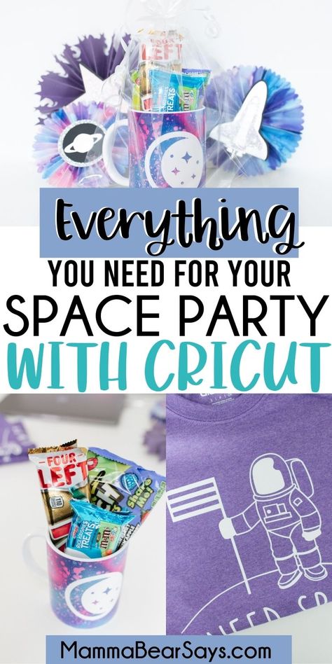 Galaxy Goodie Bag Ideas, Astronaut Party Decorations Diy, Space Cricut Projects, Space Theme Graduation Party, Cricut Space Theme, Space Theme Party Decorations Diy, Girls Galaxy Birthday Party, Diy Space Themed Decorations, Space Graduation Theme