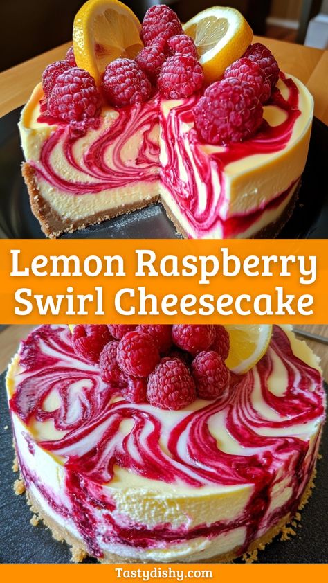 Delicious Lemon Raspberry Swirl Cheesecake Recipe to Brighten Your Day! - Delicious Recipes - Easy Cooking Ideas and Tasty Dishes Raspberry Cheesecake Swirls, Cheesecake Lemon Raspberry, Cheesecake Factory Copycat Recipes Lemon Raspberry, Neopolitan Cheesecake Recipes, Raspberry Cheesecake Topping Recipe, Amazing Dessert Recipes Homemade, Light Delicious Desserts, Lemon Cherry Cheesecake, Raspberry Lemonade Cheesecake