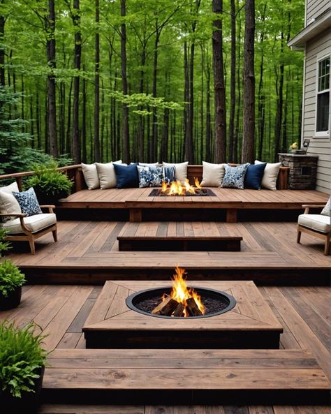 20 Deck Ideas For Your Next Outdoor Makeover – ToolzView Fire Pit Ideas Backyard In Woods, Pool Wooden Decking Ideas, Amazing Decks Design, Backyard Low Deck Ideas, Backyard Deck And Pergola Ideas, Modern Wood Deck Designs, Round Decking Ideas, Deck Built Around Tree, Fire Pit Deck Ideas