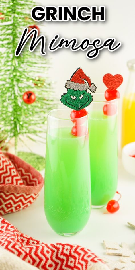 How To Make Grinch Mimosas, Mr Grinch Drink, Grinch Champagne Drink, Grinch Christmas Drink Holiday Cocktails, Grinch Alcholic Drink, Grinch Champagne, Christmas Cocktails Grinch, Christmas Mimosas Champagne, Winter Mimosa Recipe