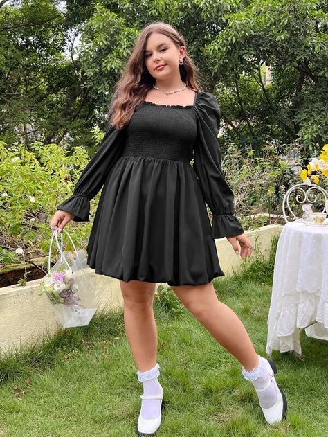 Plus Square Neck Flounce Sleeve Dress | SHEIN USA Square Neck Frocks, Plus Size Graduation Dress, Plus Size Graduation Outfit, Square Neckline Dress, Grad Outfits, Lantern Sleeve Dress, Sweetheart Dress, Dropwaist Dress, Flounce Sleeve