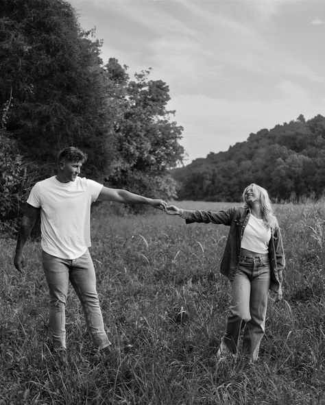 The cutest couples session on the farm!! These two got married almost a year ago and I was so stoked to get them out to the farm to take pictures 🥰 We had huge green fields to run in, yellow flowers still blooming, and a little creek to skip rocks in. It was such a fun evening! Fall Field Couples Pictures, Couple Fall Session, Fun Fall Couple Photoshoot, Pasture Couple Pictures, Couple Pose Pictures, Fun Couples Photoshoot Poses, Cute Fall Poses For Couples, Cute Pictures To Take By Yourself, Farm Couples Photoshoot