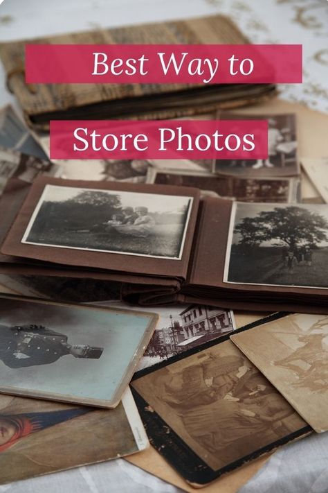 Scattering of old photos with white words on red background reading Best Way To Store Photos Things To Do With Old Photos, Organizing Old Family Photos, Vintage Photo Album Ideas, What To Do With Old Pictures, Family Tree Scrapbook, Organize Photographs, Chaos To Order, Photo Organization Storage, Genealogy Quotes