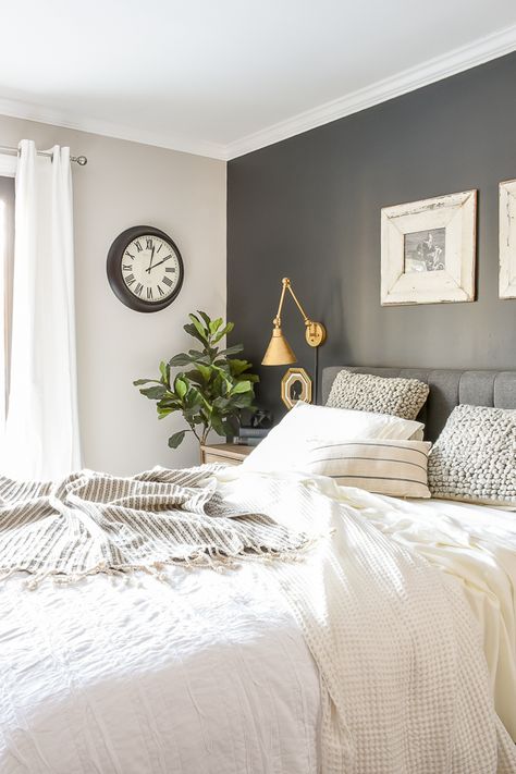 Neutral paint colors for creating a beautiful high contrast home. #sherwinwilliams #paintcolors #modernfarmhouse Neutral Paint Colors, Bedroom Wall Colors, Dekorasi Kamar Tidur, Accent Wall Bedroom, Neutral Paint, Bedroom Paint Colors, Master Bedrooms Decor, Remodel Bedroom, Decor Minimalist