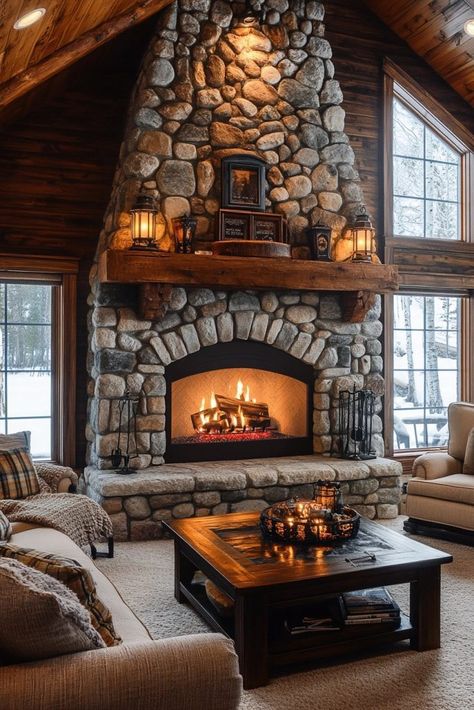 29 Rustic Living Room Ideas for a Cozy and Country-Inspired Look 8 Fireplace Ideas Farmhouse Rustic, Farmhouse Wood Fireplace Ideas, Rustic Basement Fireplace Ideas, Cabin Rock Fireplace, Wood Fireplace Storage, Log Home Fireplace Ideas, Mountain Stone Fireplace, Stone Wood Fireplace, Rustic Stone Fireplace Ideas