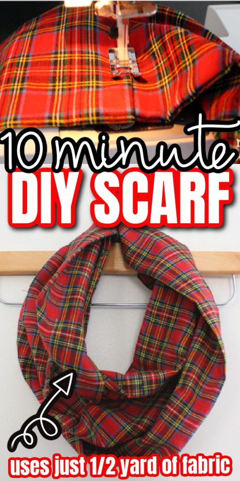 How to make a scarf with 1_2 yard of fabric and 10 minutes. Great sewing project for new beginners. via @raegun Diy Infinity Scarf, Infinity Scarf Tutorial, Scarf Sewing Pattern, Sewing Scarves, Infinity Scarfs, Flannel Scarves, Infinity Scarf Pattern, Scarf Tutorial, Fabric Scarf