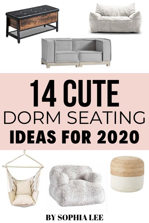 obsessed with these dorm seating ideas!! i really need more seating in my dorm because my friends always end up sitting on the floor. these are perfect for it! Dorm Room Sitting Area, Dorm Room Lounge Area, Dorm Sitting Area, Dorm Seating Ideas, Dorm Room Seating Ideas, College Dorm Room Setup, Dorm Room Seating, Dorm Couch, Dorm Room Chairs