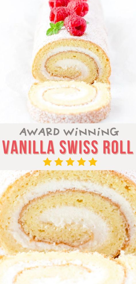 With millions of views, this Vanilla Swiss Roll Recipe is quick and easy to follow, no-fluff, and no-fail!Made with just a few pantry staples, this Swiss roll is pillowy-soft and is guaranteed to roll up beautifully without any cracks! Filled with sweet whipped cream and topped with raspberries, this is the perfect dessert for any occasion! Jelly Roll Recipes Homemade, Swiss Cake Roll Cake, White Jelly Roll Cake, Vanilla Swiss Roll Recipe Sponge Cake, Caramel Cake Roll, Holiday Cake Roll Recipes, Vanilla Swiss Roll Cake, How To Make A Swiss Roll Cake, Dessert Roll Recipes