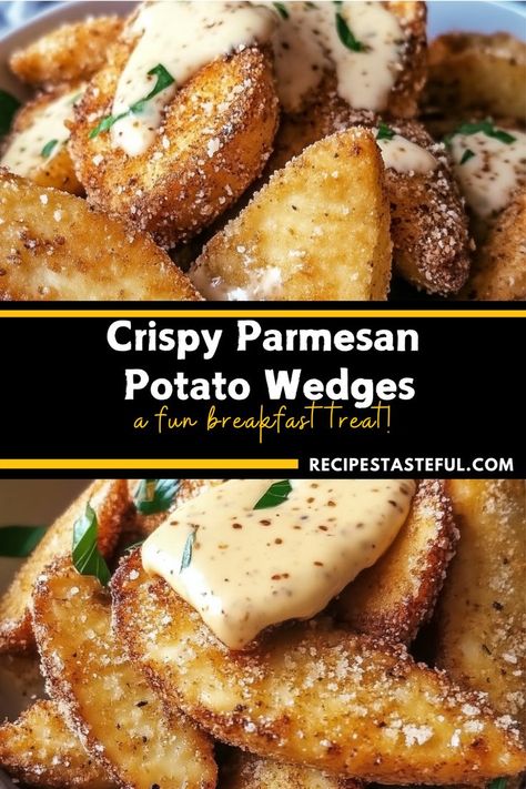 These Crispy Parmesan Potato Wedges are a delightful side dish or snack, combining the crunch of perfectly baked potatoes with the rich flavor of Parmesan cheese and aromatic spices. Served with a tangy dipping sauce, they make for an irresistible treat! Potato Wedge Seasonings, Wedge Potatoes Recipes Oven Baked, Airfryer Potato Wedges, Appetizers With Potatoes, Dip For Potato Wedges, Simple Potatoes Recipes, Fried Potato Wedges Recipe, Russet Potato Side Dishes, Parmesan Crusted Potato Wedges