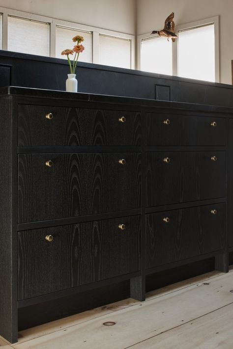 Blackened Ash Kitchen Black Ash Cabinets, Black Stained Oak Kitchen Cabinets, Black Oak Cabinets, Cerused Oak Kitchen, Cerused Oak Cabinets, Ash Kitchen, Built In Vanity, Kitchen Built In, Kitchen Updates