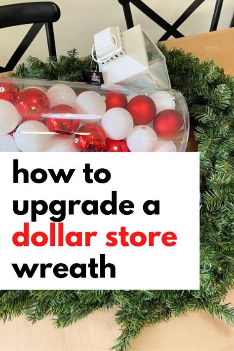 Ornament Bulb Wreath, Christmas Wreath For Black Front Door, Dollar Tree Santa Wreath, Revamp Old Christmas Wreath, Upgrade Store Bought Wreath, Work Office Door Wreath, Swag Door Wreath, Outside Front Door Christmas Decor, How To Decorate A Large Christmas Wreath