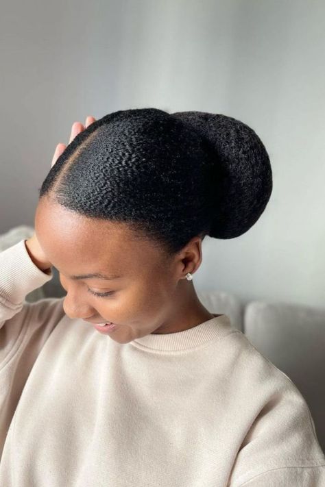 Low Sleek Natural Hair Bun Slick Back Bun Natural Hair Black Women Wedding, Natural Hairstyles For Party, Black Hair Low Bun, Natural Hair Buns For Black Women, Sleek Back Bun 4c Hair, Sleek Bun Natural Hair, Bun Extensions Black Women, Low Bun Locs, Natural Hair Low Bun