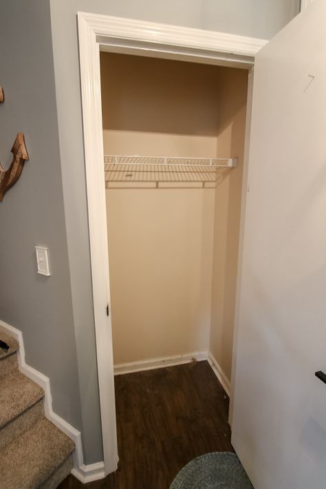 Does your entryway need a makeover? This coat closet started out as just one metal shelf, but a quick and inexpensive makeover made it so much more functional and beautiful! Check out the step by step process! #charlestoncrafted #diy #entryway #closet #makeover #closetmakeover Upstairs Hallway Closet Ideas, Hall Closet Design Layout, Front Closet Remodel, Coat Closet Renovation, Deep Hall Closet Organization, Coat Rack Closet, Small Mud Room Closet, Hall Closet Makeover Entryway, Hall Coat Closet Makeover