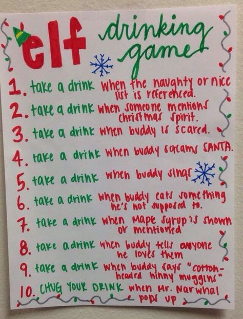 Elf Drinking Game, Christmas Drinking Games, Movie Drinking Games, Drunk Games, Christmas Party Drinks, Drinking Games For Parties, Fun Drinking Games, Adult Christmas Party, Christmas Drinking