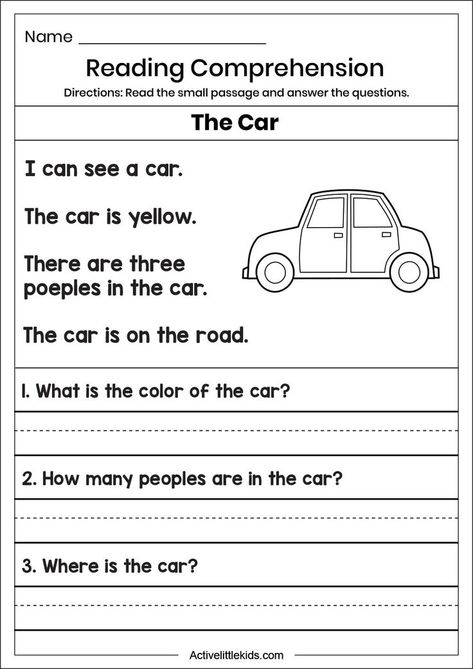 Kindergarten Reading Comprehension, 1st Grade Reading Worksheets, First Grade Reading Comprehension, Grade 1 Reading, Types Of Cars, Reading Comprehension For Kids, Reading Comprehension Kindergarten, Kindergarten Reading Activities, Reading Comprehension Lessons