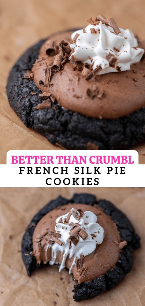 French Silk Pie Cupcakes, Copycat Crumbl Cookies French Silk Pie, French Silk Pie Brownies, French Silk Crumble Cookie, Crumbl Cookie Copycat Brookie, Crumble French Toast Cookie, French Silk Cake, Finger Foods From Around The World, French Silk Pie Cookie Crumbl