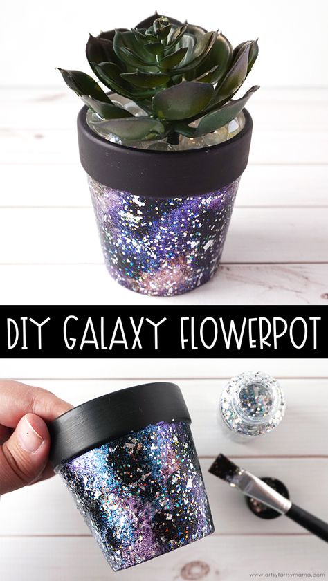 DIY Galaxy Flower Pot #galaxy #painting #paint #flowerpots #plants #planters #plaid #plaidcrafts #crafts #craftideas #homedecor #mothersday Galaxy Crafts, Galaxy Flowers, Diy Galaxy, Flower Pot Art, Diy Flores, Plant Pot Diy, Terra Cotta Pot Crafts, Painted Pots Diy, Flower Pot Design