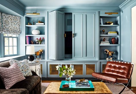 This $28 Purchase Solved a Designer’s All-Too-Common Wall Eyesore Built In Tv Cabinet, Tile Colors, Hidden Tv, Fun House, Transitional Living, Transitional Living Rooms, Blue Kitchens, Built In Shelves, Design Living Room