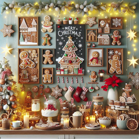 Gingerbread Christmas Display, Christmas Gingerbread Aesthetic, Gingerbread Christmas Theme, Christmas Wall Display, Gingerbread Themed Christmas, Cocoa Bar Christmas, Dinner Display, Hot Cocoa Bar Christmas, Gingerbread Hot Cocoa