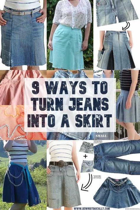 Refashion Jeans To Skirt Diy, Easy Denim Skirt Pattern, How To Make Skirt From Old Jeans, Denim Shorts Into Skirt Diy, How To Make Jean Skirts Out Of Jeans, Refashion Jeans To Skirt, Jean Into Skirt Diy, Converting Jeans To Skirt, Diy Blue Jean Skirt