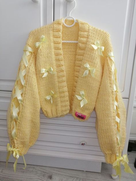 Pnkimera. Vintage 1930s Yellow Mohair and Ribbon Knitted Cardigan Sweater. Shiny Covered Shawl Jacket. Easter Jacket. Soft Colors - Etsy Yellow Cardigan Crochet, Crochet Cardigan Trim, Knitted Products Ideas, Mohair Cardigan Crochet, Yellow Aesthetic Fashion, Yellow Clothes Aesthetic, Yellow Outfit Aesthetic, Ribbon Cardigan, Cute Cardigan Outfits